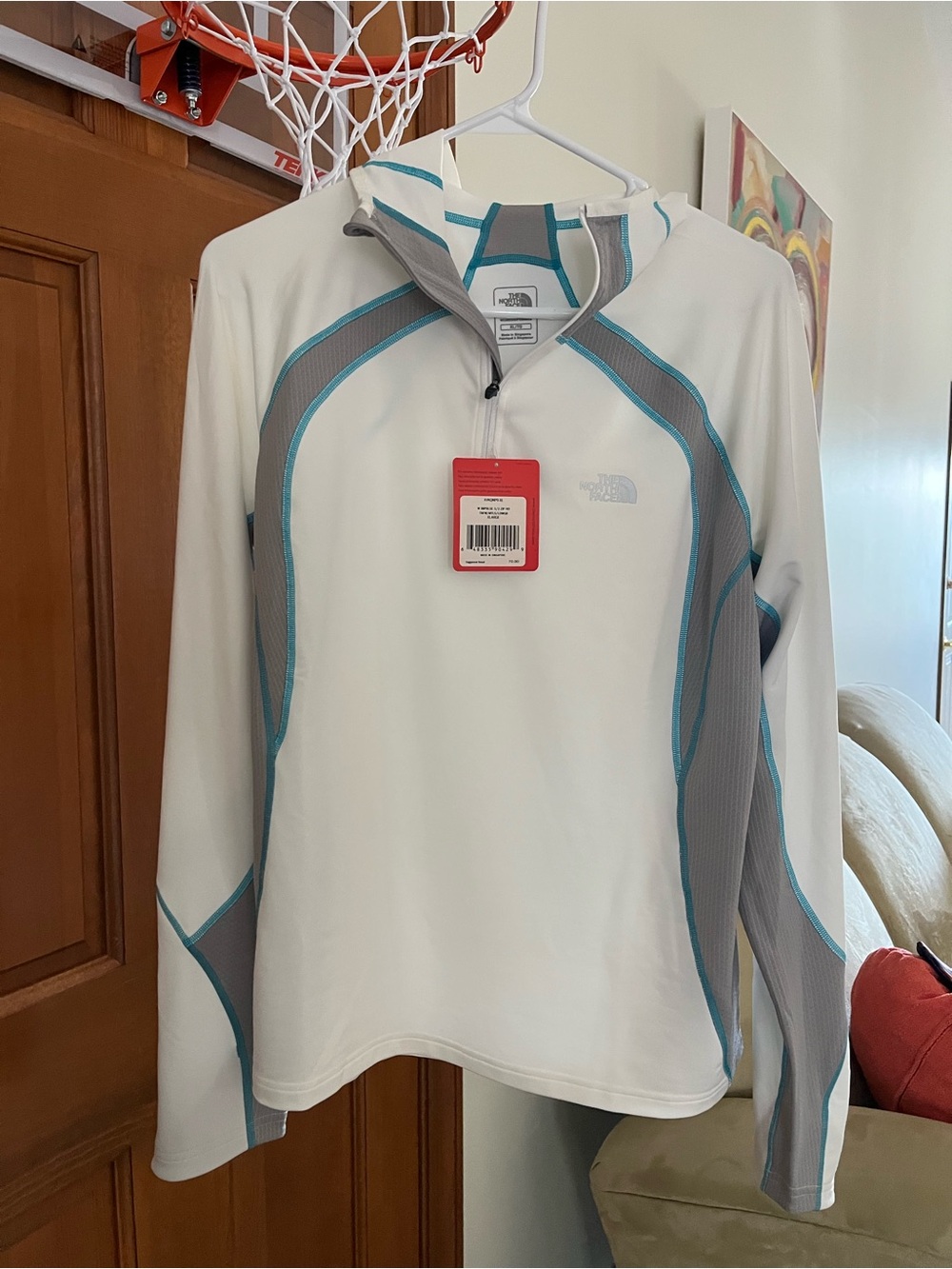 The North Face White Hooded Quarter-Zip with Gray Panels and Teal Piping